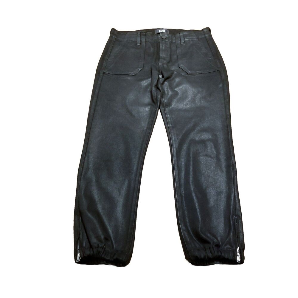 Paige Mayslie Jogger Women's Size 29 Black Luxe Coated Pant Elastic Zip  (31x26)
